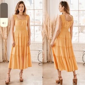 Lulus | Glorious Day Mustard Yellow Sleeveless Tiered Midi Dress